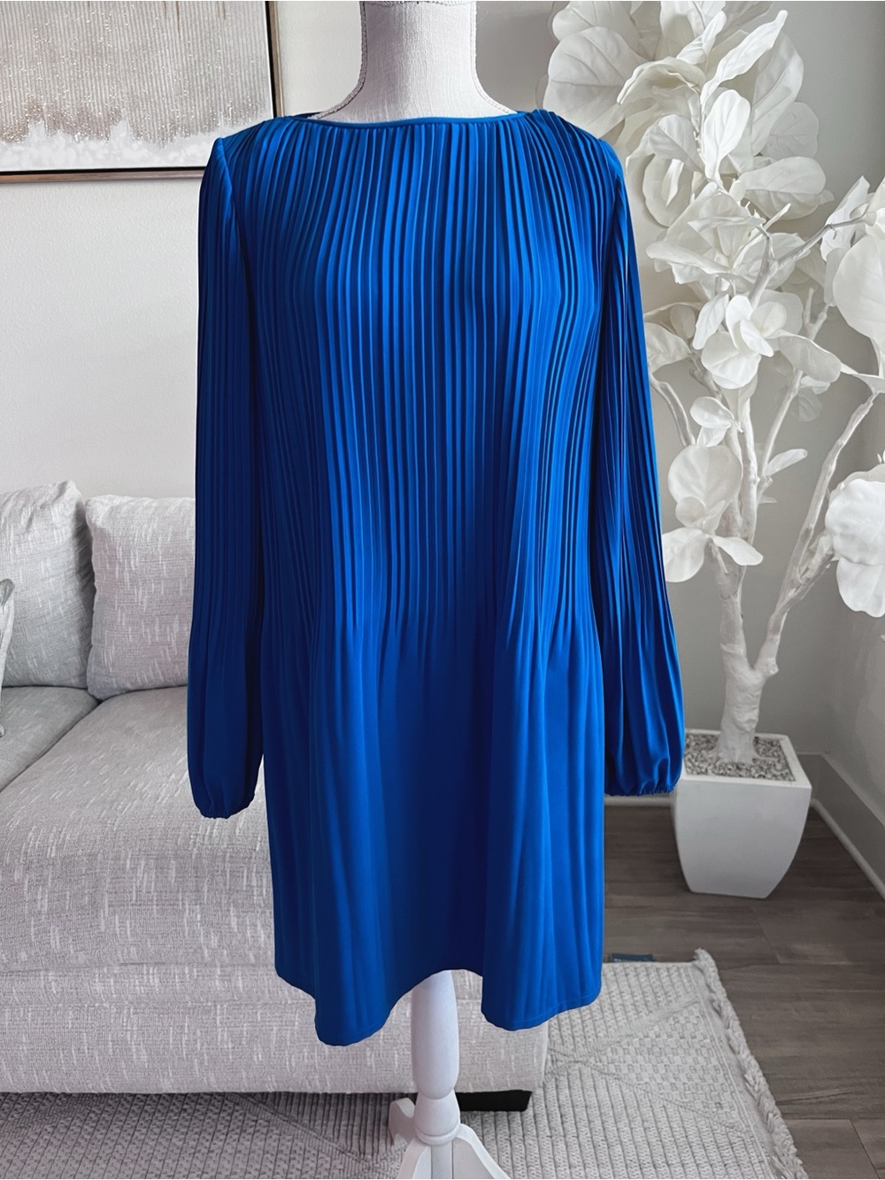 Maje Cobalt Blue Pleated Long-Sleeve Shift Woman’s Dress Size Large